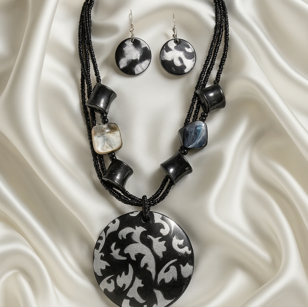 Multi-Strand Black Beaded Necklace & Earrings โ Round Shell Pendant Jewelry Set